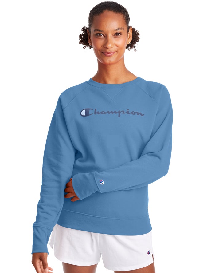 Champion Powerblend Fleece Classic Crew Script Logo Sweatshirt Dames - Blauw - Belgie 4251VIXZO